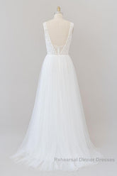 Long A-line Open Back V-neck Lace Tulle Wedding Dresses